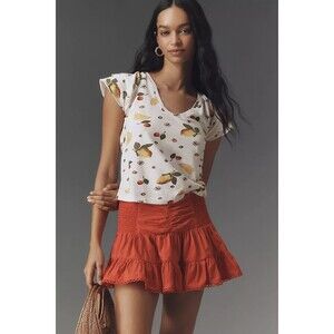 By Anthropologie Maeve Scoop-Neck Flounce-Sleeve Tee Top Fruit Printed XS 280391